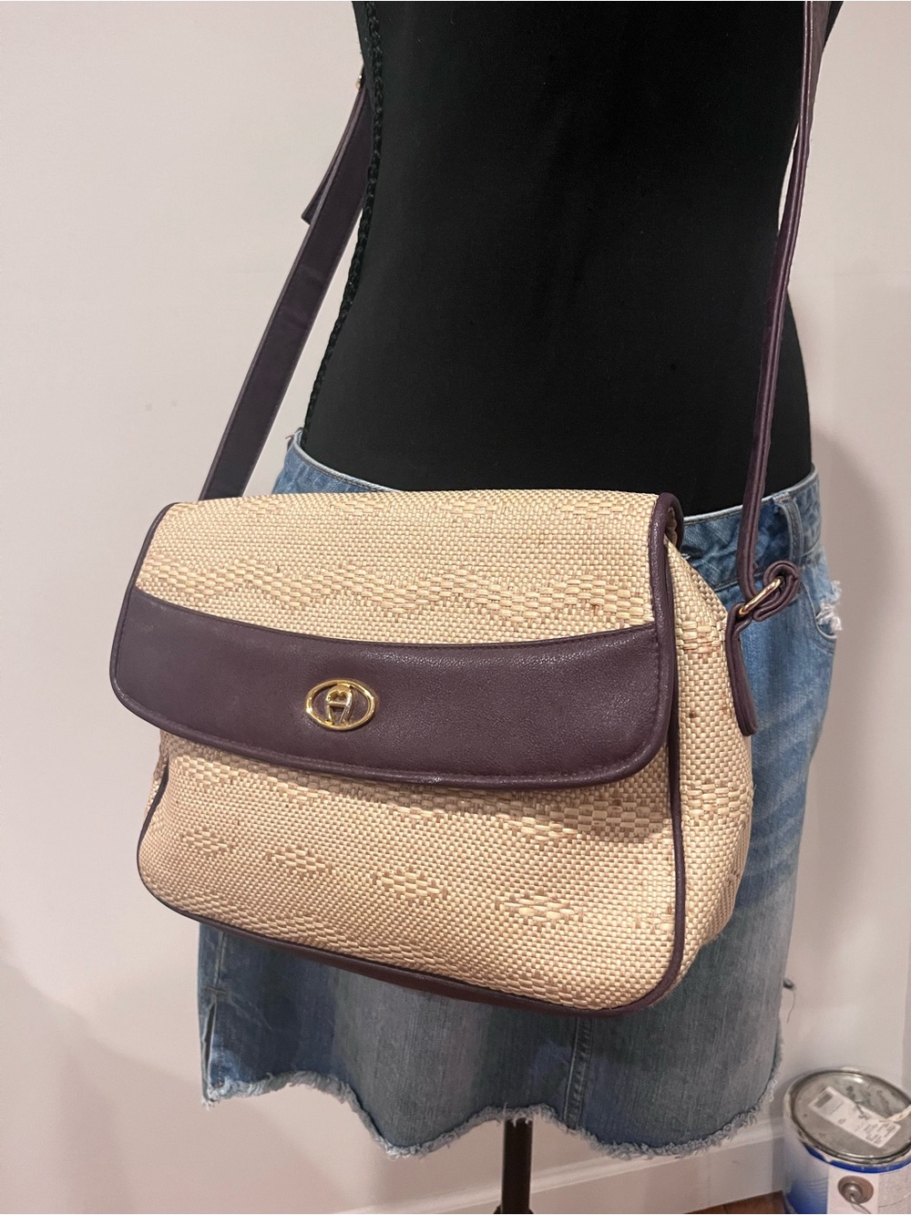 Aigner Woven Straw Crossbody Bag with Burgundy Leather Trim